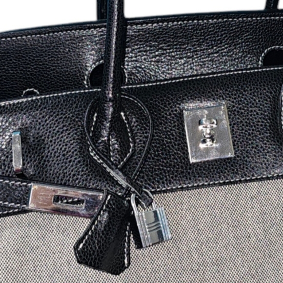 Black Leather Canvas Tote Padlock Bag Purse Designer Style Hand Shoulderbag - Picture 7 of 8